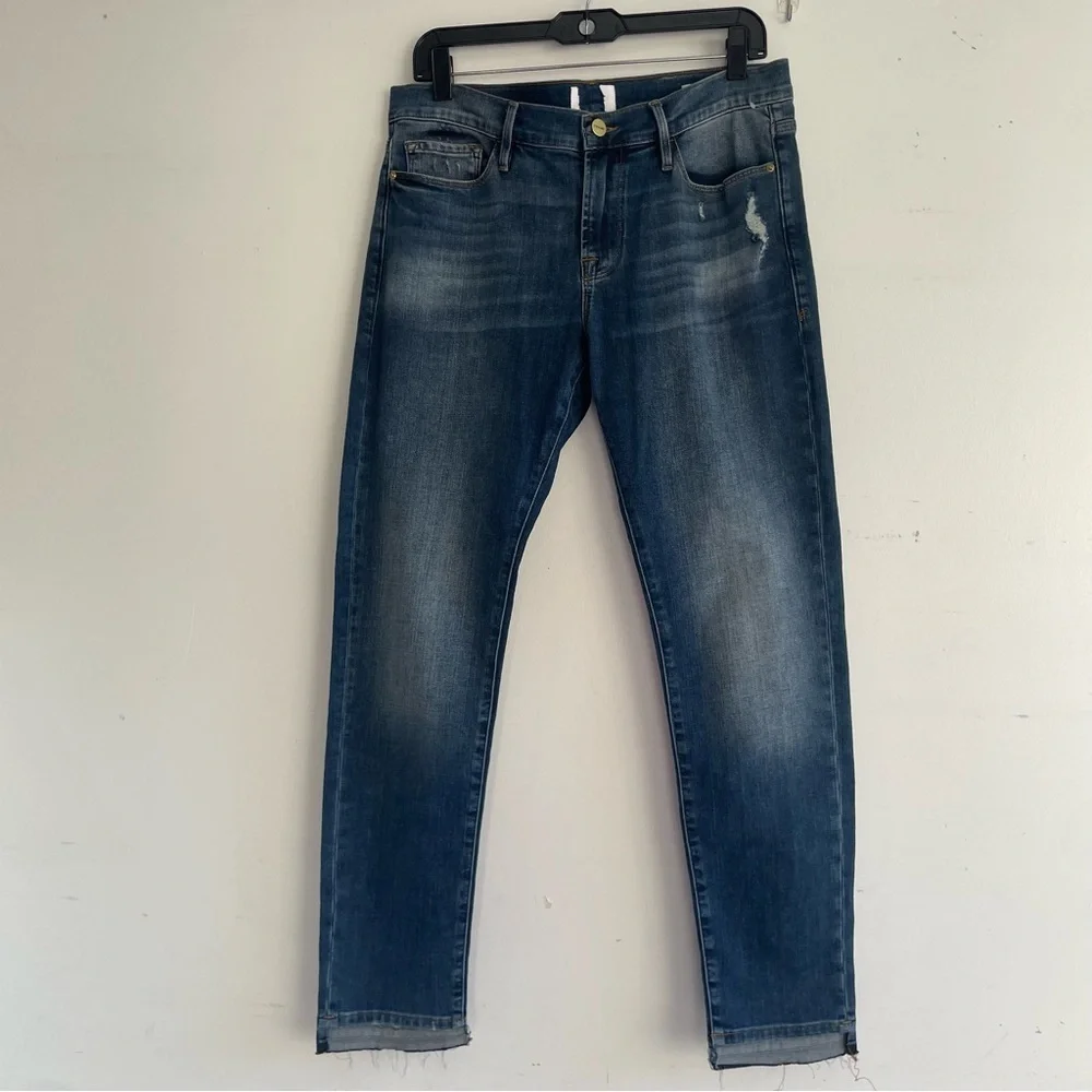 New! Frame Le Garçon Azure Blue Mid Rise Distressed Straight Jeans 22624 - Picture 2 of 14